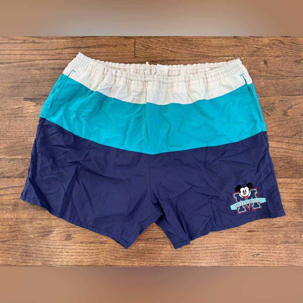 Vintage Disney Mickey Mouse Men's Colorblock Swim Shorts Blue / White Size XL